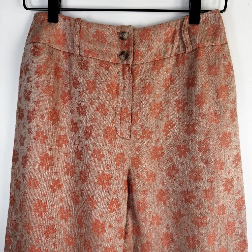 Benard Holtzman Shirt Pants Set Womens 8P Orange Floral Linen Petite‎ Lined Suit